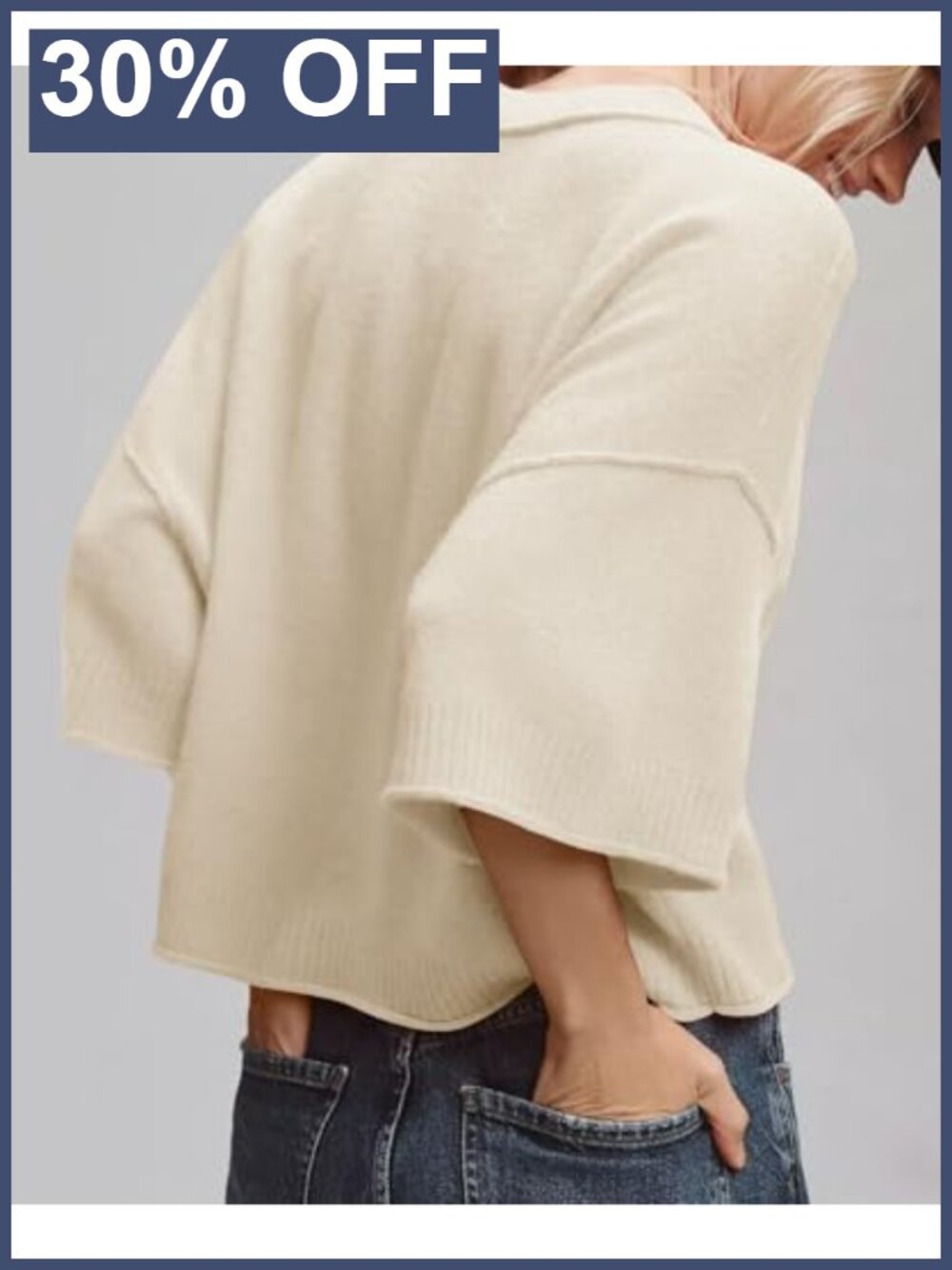 Oversized Cropped Knit Sweater Pullover Crew Neck 3/4 Sleeve Loose Fit Casual - Picture 2 of 6